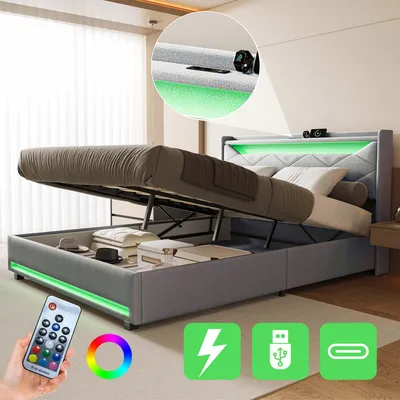 Immagine prodotto di UnboxG Letto imbottito 140x200cm in lino grigio, letto contenitore con rete idraulica, illuminazione LED, funzione di ricarica USB e Type-C