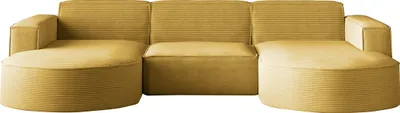A yellow sectional sofa is shown from the front against a white background.