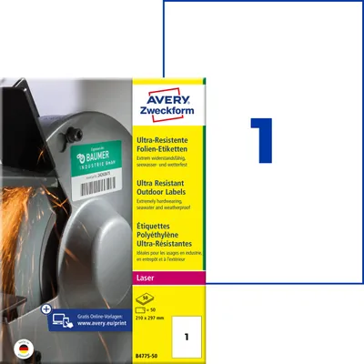 Produktbild von Avery Zweckform B4775-50, Ultra-Resistente Folien-Etiketten, A4, 210 x 297 mm, 50 Etiketten / 50 Bögen, weiß