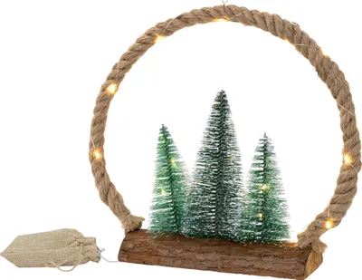 Produktbild von ECD Germany LED Jute Kreis mit LED-Beleuchtung 34x30x7,5 cm, Deko Weihnachtskreis aus Seil mit 30 warmweißen LEDs, 3 Tannen