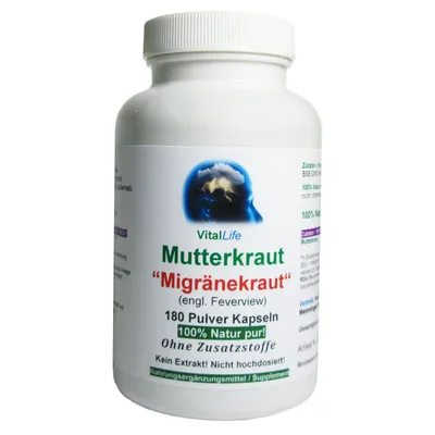 Produktbild von Mutterkraut 180 Pulver Kapseln Feverfew nach Hildegard von Bingen Kein Extrakt Natur pur Ohne Zusatzstoffe