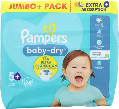 Image de Couches Pampers Baby-Dry taille 5+ (12-17 kg), 68 couches, protection 12 heures