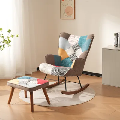 Produktbild von MODFU Schaukelstuhl Patchwork Sessel mit Fußstütze , Schwingsessel Relaxstuhl Retro Sessel mit Rückenlehne Wohnzimmer Polstersessel Schaukelsessel, Braun