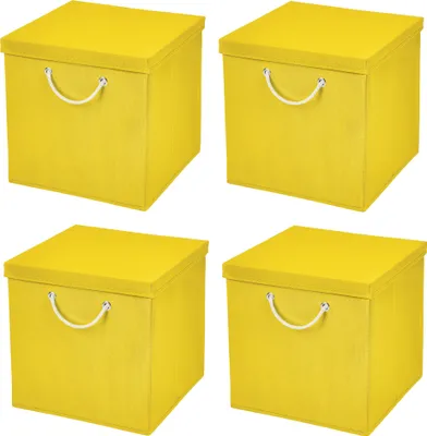 Produktbild von 4 Stück Gelb Faltbox 30 x 30 x 30 cm Aufbewahrungsbox faltbar mit Kordel und mit Deckel