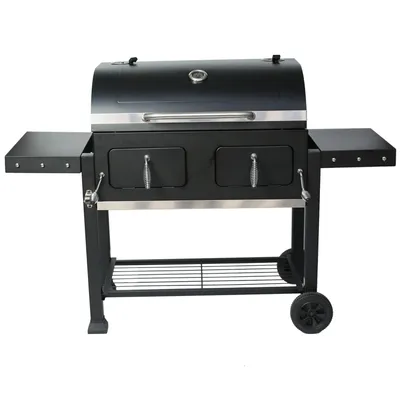 A black charcoal grill with silver accents is shown against a white background.