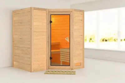 Produktbild von Elementsauna Karibu Melanit 1 ohne Ofen und Dachkranz mit bronzierter Ganzglastüre