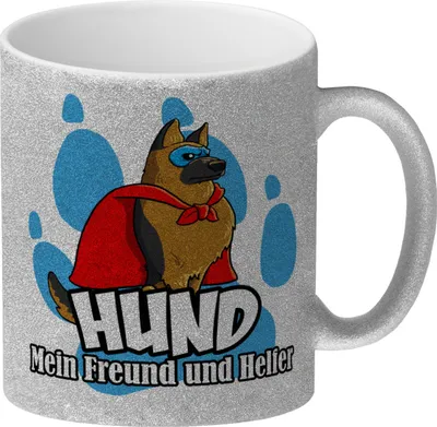 Produktbild von Glitzer-Kaffeebecher mit Superhelden - Schäferhund - Hund mein Freund und Helfer