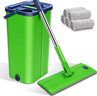 Produktbild von Wischmopp Set mit Eimer und Auswringfunktion - Boden- und Wandreiniger mit 5 Mikrofasertüchern