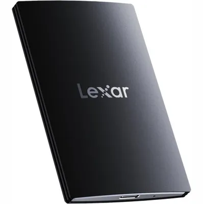 A black Lexar external SSD is shown against a white background.