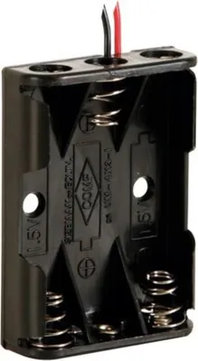 A black plastic battery holder for three AAA batteries, with red and black wires protruding from the top.