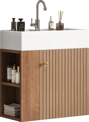 Produktbild von AIORBER 55cm Waschbecken mit hängendem Waschtischunterschrank, Badezimmerschrank, Gästebadmöbel kompakt, Keramikbecken, Weiß