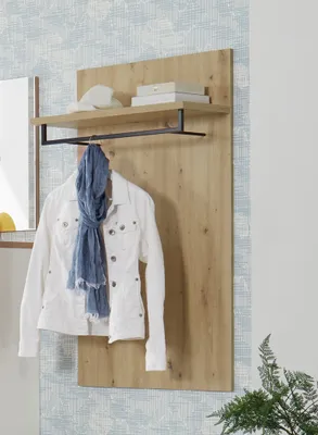 Produktbild von Wandgarderobe Paneele Asteiche Optik Kleiderbügelstange schwarz mit Ablage