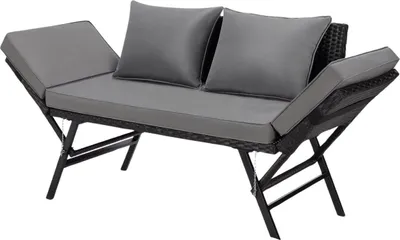 Produktbild von Polyrotan Gartenbank – Wetterfest – Mit Kissen – Schwarz – 3-Sitzer – Verstellbare Armlehnen – Für Terrasse, Balkon & Garten