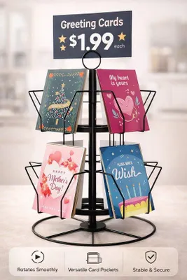 Produktbild von Rotationskartenhalter, Postkartenhalter, Rotierender Wünschenkartenhalter für Ansichtskarten, Stickers, Geschenkgutscheine für Feiertage, schwarz, 12 Displayfächer