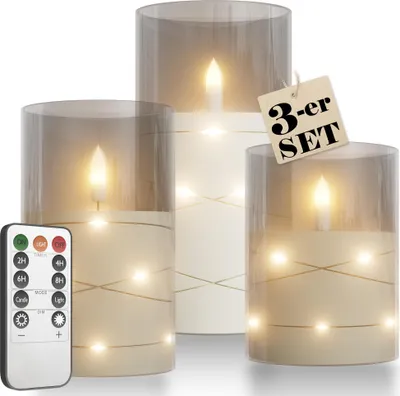 Image de UISEBRT Lot de 3 bougies LED avec guirlande lumineuse, sans flamme, télécommande & minuterie, bougies à tige, salon, décoration de table, décoration de salle de bain, transparent