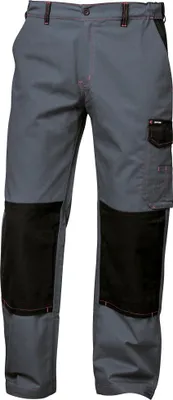 A pair of gray work pants with black knee patches and a black pocket on the right leg.