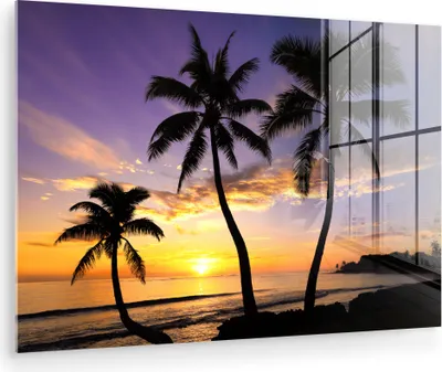 Produktbild von MuchoWow Glasbilder - Bilder auf Wandbild - Foto auf Glas Strand - Sonnenuntergang - Palmen - Tropisch 120x80 cm Wanddekoration aus Glas - Acrylglasbild - Acrylbilder - Abbildung