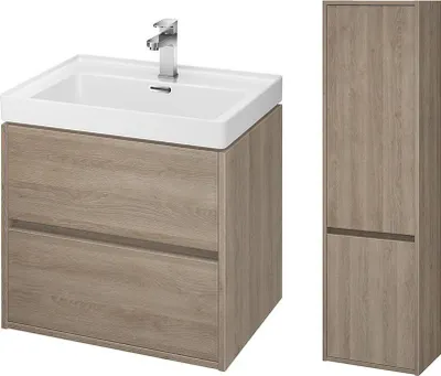 Produktbild von BADLAND Badmöbel Set CREA 60 Waschbecken-Unterschrank mit Hochschrank 140x40x25, 2-Türen, Eiche