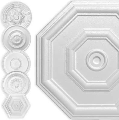 Produktbild von HEXIM Stuckrosette Styropor EPS weiß, Deckenrosette rund & eckig, Innendekor für Decke & Wand, Steckrosette Verzierung Decke Ornamente Wohnzimmer Dekorbau (50x50 cm Achteck)