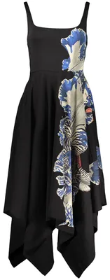 Produktbild von Elegantes schwarzes Damenkleid mit Kontrastdetails und Print