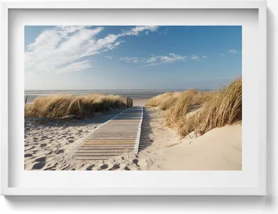 Produktbild von Blick auf Strand und Meer– Wandbild mit Rahmen – Gerahmtes Bild  – Wanddekoration – 70x50 cm –  Schwarz Rahmen