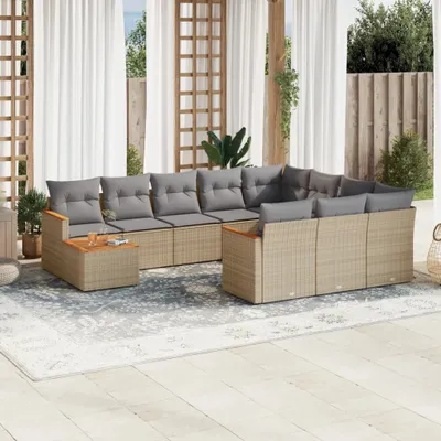 Produktbild von Design 11-tlg. Garten-Sofagarnitur mit Kissen Beige Poly Rattan, Gartenmöbel-Sets 2024 Neu