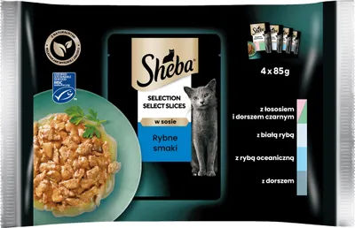 Produktbild von Sheba Selection Select Slices - Katzennassfutter in Sauce (Lachs und schwarzer Kabeljau, Weißfisch, Meeresfisch, Kabeljau), 104 Beutel à 85g 26x4x85g