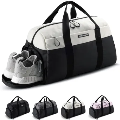 Immagine prodotto di Fitgriff® Borsa sportiva e da viaggio V2 per uomo e donna - con scomparto per scarpe e scomparto impermeabile - borsa per sport, fitness e viaggi - borsa da palestra, (nera/bianca crema, piccola)