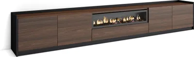 Image de Meuble TV, Banc Télé, Grand espace de Rangement, 310x37x50cm, Pour les TV jusqu'à 80", Cheminée électrique, Chêne foncé et Noir