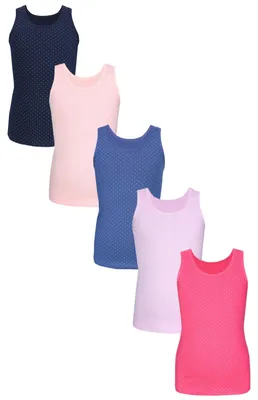 Image de TupTam Camisole en coton pour fille, lot de 5 débardeurs sans manches pour enfants, couleur : pois roses, bleus et violets, taille : 122-128