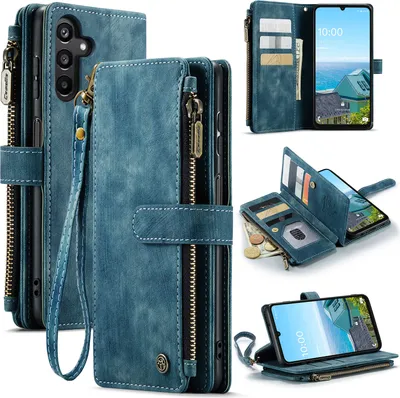 A collage of images showcasing a blue leather wallet-style phone case with a zipper and card slots, displayed from various angles and with the phone inserted.