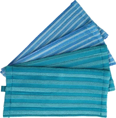 Three microfiber mop pads are fanned out on a white background. They are in varying shades of blue and teal with stripes.
