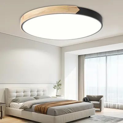 Produktbild von Ikodm LED Deckenleuchte Holz 60cm, 96W Dimmbar Deckenlampe mit Fernbedienung, Rund Wohnzimmerlampe Schwarz, 3000-6000K