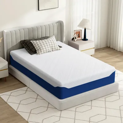 Produktbild von Komfortmatratze 90x200 cm, 20 cm hoch, atmungsaktiver Bezug, gerollt und vakuumverpackt, Matratze im Karton, Weiß/Blau