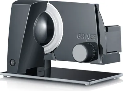 A black Graef S12022 Allesschneider slicer is shown on a reflective black surface with a light gray border.