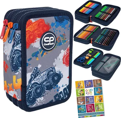 Produktbild von Federtasche 3-fache Federmappe Offroad Federmäppchen 46-teilig gefüllte Schüleretui Stifte und Pinsel inkl. Aufgabenheft Federbox Etui Stiftetasche