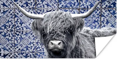 Produktbild von MuchoWow® Poster Delfter Blau - Schottischer Highlander - Schwarz - Weiß 40x20 cm - Poster für die Wand - Poster Schlafzimmer