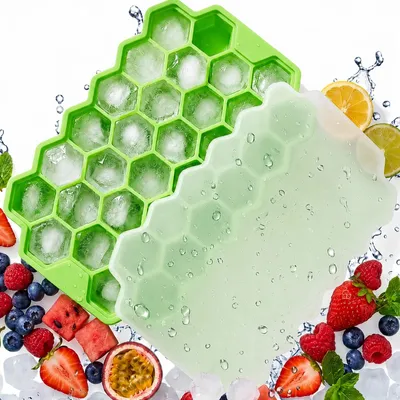 Zdjęcie produktu dla Forma foremka do lodu silikonowa na 37 kostek z pokrywką zielona 18x11x2 cm