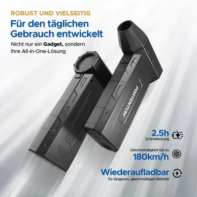 Produktbild von PORTENTUM 3 in 1 Staubgebläse als Druckluftspray 180 km/h – Handstaubsauger Akku 25 kPa – Doppel-LED-Taschenlampe – Set aus 25 Teilen mit 6 Düsen und