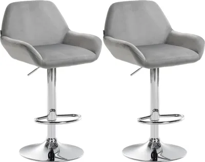 Produktbild von Set mit 2 Barhockern – Samtsitze – höhenverstellbar, um 360 ° drehbar | Farbe: Grau | Material Basis: Metall in Chromoptik
