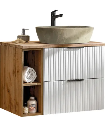 A bathroom vanity set with a sink and faucet.