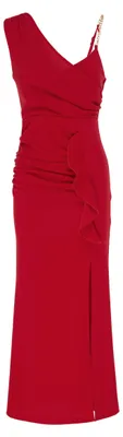 Produktbild von Damen Elegantes Abendkleid Rot S mit asymmetrischem Ausschnitt, gerafft und mit Schlitz
