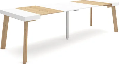 Produktbild von Ausziehbarertisch, 302x90x73cm, Für 14 Gäste, Hölzerne Beine, Eiche und weiß