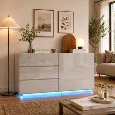 Productafbeelding van INONEFT Dressoir, hoogglans wit met LED-verlichting, commode met 3 lades en 2 deuren, multifunctionele kast voor slaapkamer en woonkamer, 160x36x75 cm, AI-gegenereerde afbeelding