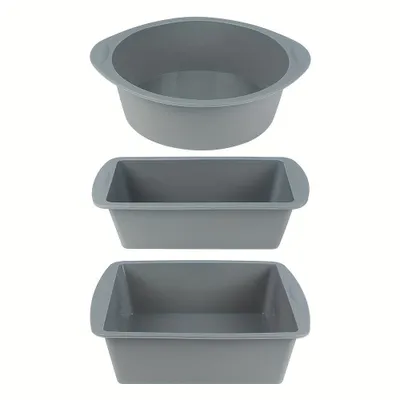 Zdjęcie produktu dla zestaw 3 silikonowych form do pieczenia - Szare - Nieprzywierające - Okrągła forma do ciasta, kwadratowa forma do pieczenia i forma do chleba - Odporne na ciepło, można myć w zmywarce - Idealne do ciast, chleba, pizzy, świątecznych okazji (Halloween, Boże Narodzenie, Wielkanoc)