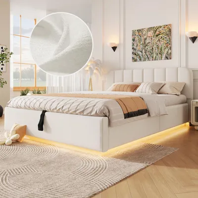 Produktbild von Polsterbett, Doppelbett, 140 x 200 cm, Bett mit Lattenrost, Kopfteil, gepolstertes Kopfteil, hydraulische Lagerung, mit LED-Lichtleiste, ohne Matratze, Beige Chenille