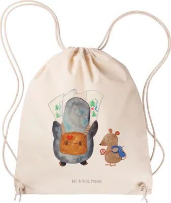 Produktbild von Mr. & Mrs. Panda Turnbeutel Pinguin & Maus Wanderer - Transparent - Geschenk, Rucksackbeutel, Wandern, Roadtrip, gym tasche, Ausflug, Wanderlust, Alltagstasche, Abenteuer