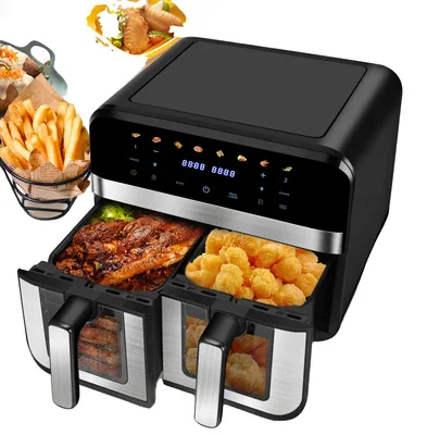 Zdjęcie produktu dla Frytkownica na gorące powietrze, pojemność 9 litrów, moc 2600 W, 2 strefy gotowania, 8 funkcji gotowania, regulowana temperatura 80–200°C