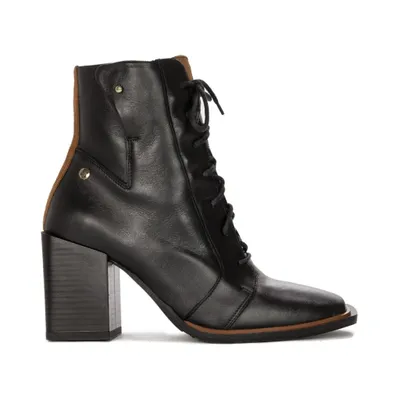 A black leather lace-up boot with a block heel is shown from the side against a white background.