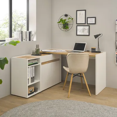 Produktbild von Büromöbel Set weiß mit Eiche CRISP-61 modern 3-teilig mit Schreibtisch
